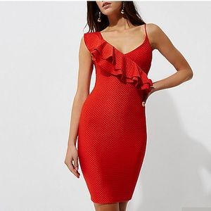 River island textured drill ruffle red dress